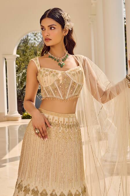 Buy Parul Gandhi White Muslin, Silk Sequins, Embroidery Square Neck Classic Lehenga Set Online at Aza Fashions Buy_Parul Gandhi_White Muslin, Silk Sequins, Embroidery Square Neck Classic Lehenga Set _Online_at_Aza_Fashions