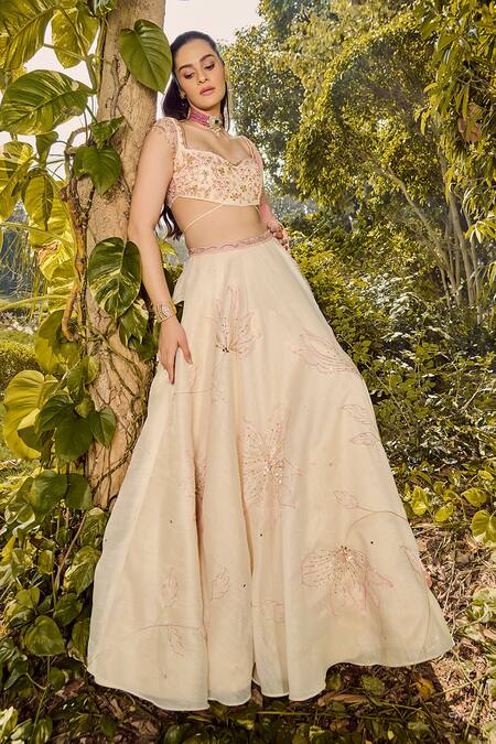 Shop_Parul Gandhi_Off White Silk, Jacquard Embroidery Round Neck Lehenga Set _Online_at_Aza_Fashions