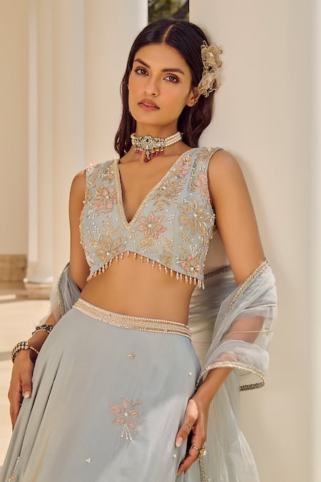 Parul Gandhi_Blue Tissue Sequins, Embroidery, Beads V-neck Powder Lehenga Set _Online_at_Aza_Fashions