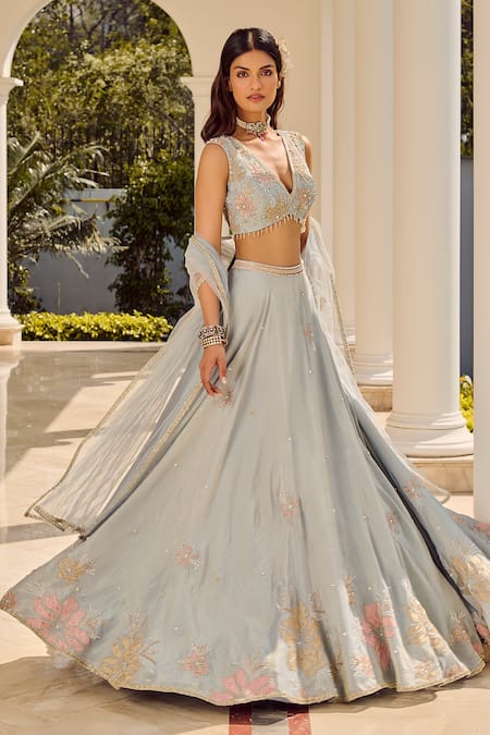 Buy_Parul Gandhi_Blue Tissue Sequins, Embroidery, Beads V-neck Powder Lehenga Set _Online_at_Aza_Fashions