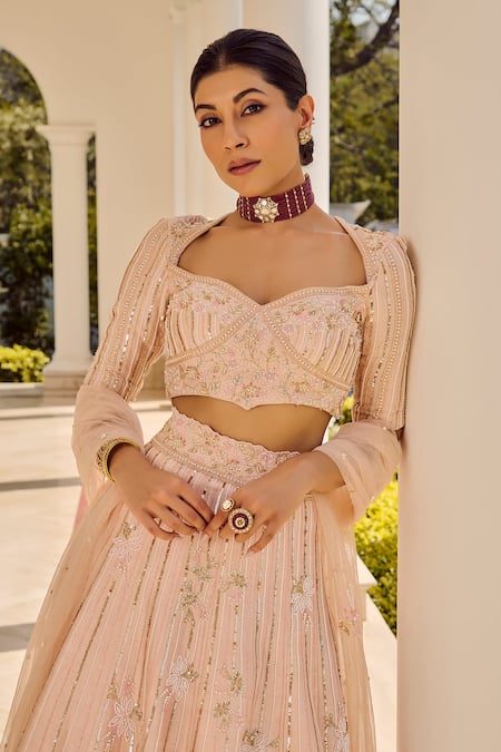 Parul Gandhi_Pink Silk Embroidery Square Neck Designer Baby Classic Lehenga Set _Online_at_Aza_Fashions