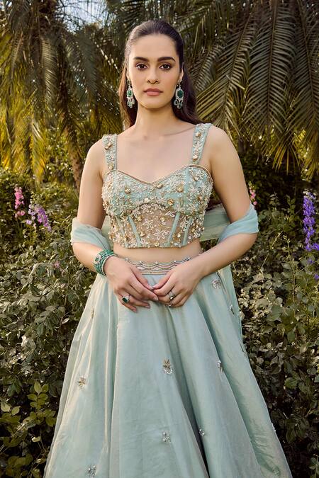Parul Gandhi Mint Silk, Tissue Sequins, Beads, Embroidery Sweetheart Neck Blue Lehenga Set Online at Aza Fashions Parul Gandhi_Mint Silk, Tissue Sequins, Beads, Embroidery Sweetheart Neck Blue Lehenga Set _Online_at_Aza_Fashions