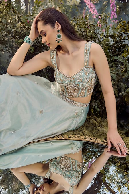 Buy Parul Gandhi Mint Silk, Tissue Sequins, Beads, Embroidery Sweetheart Neck Blue Lehenga Set Online at Aza Fashions Buy_Parul Gandhi_Mint Silk, Tissue Sequins, Beads, Embroidery Sweetheart Neck Blue Lehenga Set _Online_at_Aza_Fashions