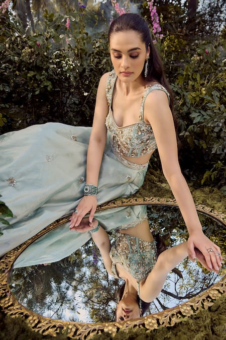 Shop Parul Gandhi Mint Silk, Tissue Sequins, Beads, Embroidery Sweetheart Neck Blue Lehenga Set Online at Aza Fashions Shop_Parul Gandhi_Mint Silk, Tissue Sequins, Beads, Embroidery Sweetheart Neck Blue Lehenga Set _Online_at_Aza_Fashions