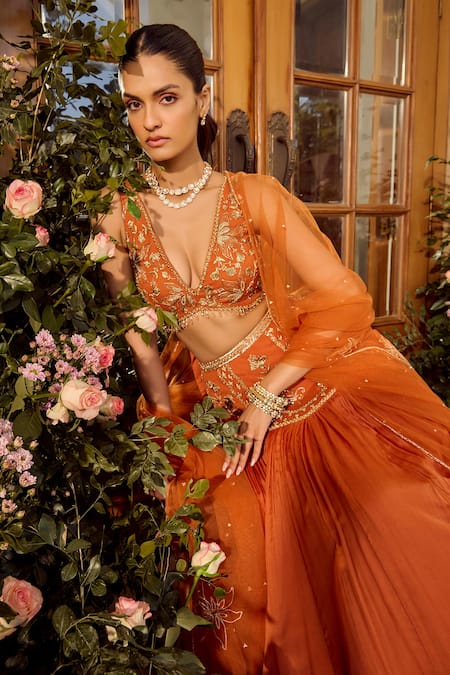 Parul Gandhi_Rust Silk Organza Embroidery, Sequins V-neck Orange Lehenga Set _Online_at_Aza_Fashions