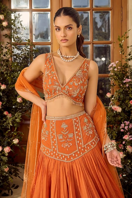 Shop_Parul Gandhi_Rust Silk Organza Embroidery, Sequins V-neck Orange Lehenga Set _Online_at_Aza_Fashions