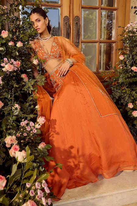 Parul Gandhi_Rust Silk Organza Embroidery, Sequins V-neck Orange Lehenga Set _at_Aza_Fashions