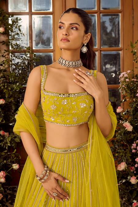 Parul Gandhi_Green Gingham Sequins, Embroidery Square Neck Lime Shimmer Gorgette Lehenga Set _Online_at_Aza_Fashions