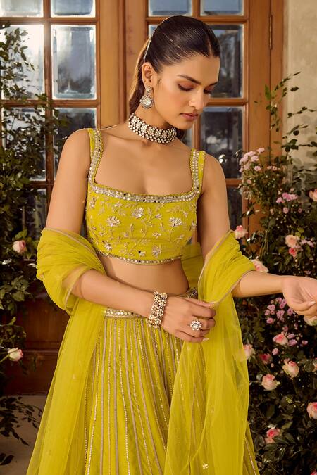 Buy_Parul Gandhi_Green Gingham Sequins, Embroidery Square Neck Lime Shimmer Gorgette Lehenga Set _Online_at_Aza_Fashions