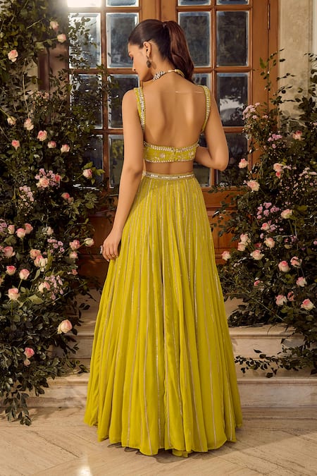 Parul Gandhi Lime Green Shimmer Gorgette Lehenga Set 