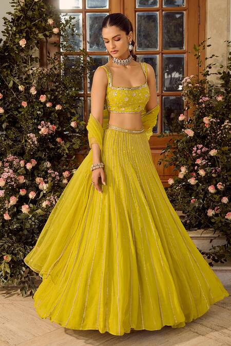 Shop_Parul Gandhi_Green Gingham Sequins, Embroidery Square Neck Lime Shimmer Gorgette Lehenga Set _Online_at_Aza_Fashions