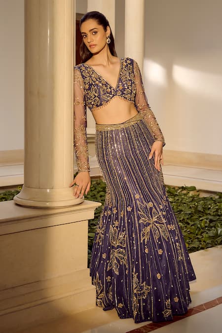 Parul Gandhi_Blue Polyester Embroidery, Sequins V-neck Draped Designer Lehenga Set _Online_at_Aza_Fashions