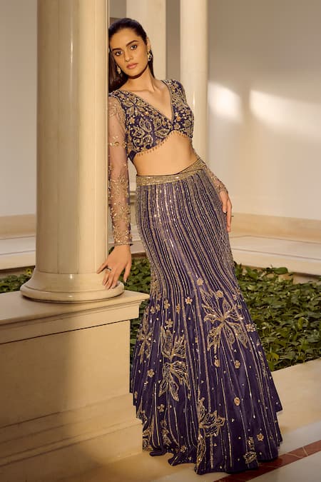 Buy_Parul Gandhi_Blue Polyester Embroidery, Sequins V-neck Draped Designer Lehenga Set _Online_at_Aza_Fashions