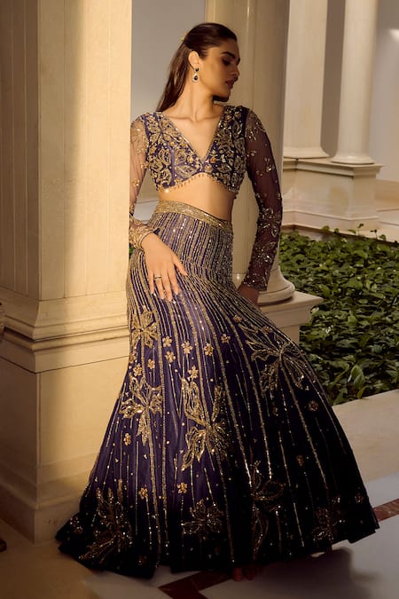 Parul Gandhi_Blue Polyester Embroidery, Sequins V-neck Draped Designer Lehenga Set _at_Aza_Fashions