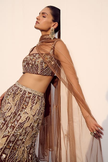 Parul Gandhi Brown Embroidery, Sequins Square Neck Mocha Embellished Lehenga Set Online at Aza Fashions Parul Gandhi_Brown Embroidery, Sequins Square Neck Mocha Embellished Lehenga Set _Online_at_Aza_Fashions