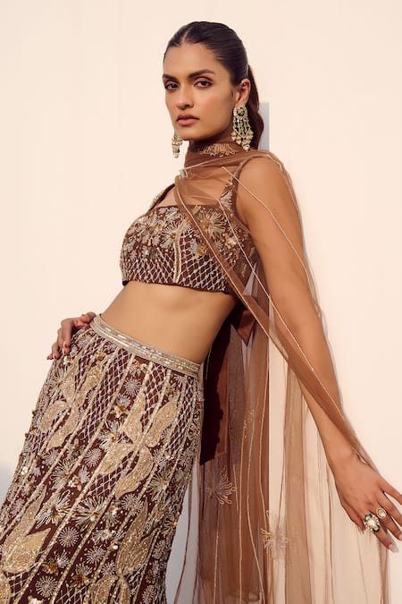 Buy Parul Gandhi Brown Embroidery, Sequins Square Neck Mocha Embellished Lehenga Set Online at Aza Fashions Buy_Parul Gandhi_Brown Embroidery, Sequins Square Neck Mocha Embellished Lehenga Set _Online_at_Aza_Fashions