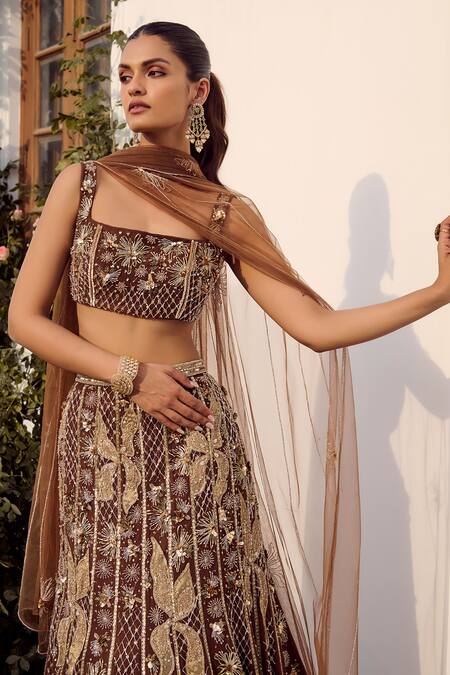 Shop Parul Gandhi Brown Embroidery, Sequins Square Neck Mocha Embellished Lehenga Set Online at Aza Fashions Shop_Parul Gandhi_Brown Embroidery, Sequins Square Neck Mocha Embellished Lehenga Set _Online_at_Aza_Fashions