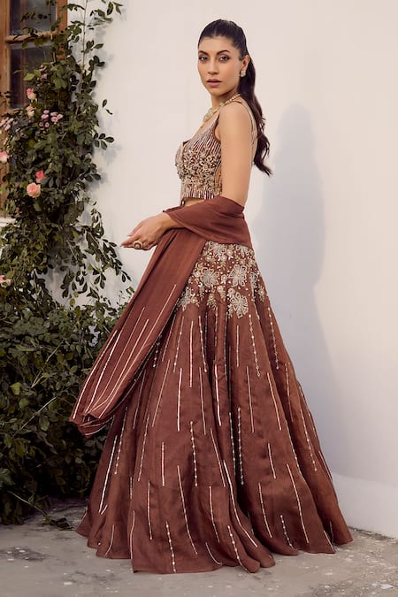 Parul Gandhi Brown Silk Organza Embroidery, Sequins Square Neck Mocha Lehenga Set Online at Aza Fashions Parul Gandhi_Brown Silk Organza Embroidery, Sequins Square Neck Mocha Lehenga Set _Online_at_Aza_Fashions