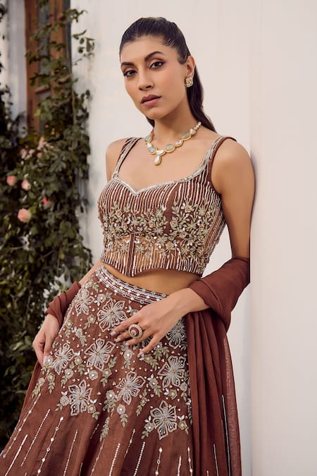 Buy Parul Gandhi Brown Silk Organza Embroidery, Sequins Square Neck Mocha Lehenga Set Online at Aza Fashions Buy_Parul Gandhi_Brown Silk Organza Embroidery, Sequins Square Neck Mocha Lehenga Set _Online_at_Aza_Fashions
