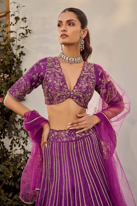Parul Gandhi Purple Silk Sequins, Zari, Embroidery V-neck Lehenga Set Online at Aza Fashions Parul Gandhi_Purple Silk Sequins, Zari, Embroidery V-neck Lehenga Set _Online_at_Aza_Fashions