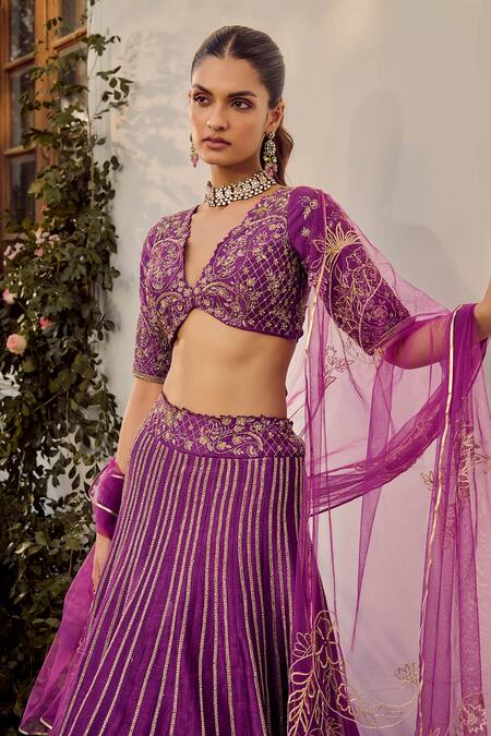 Buy Parul Gandhi Purple Silk Sequins, Zari, Embroidery V-neck Lehenga Set Online at Aza Fashions Buy_Parul Gandhi_Purple Silk Sequins, Zari, Embroidery V-neck Lehenga Set _Online_at_Aza_Fashions