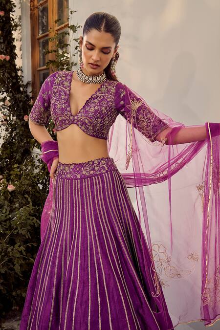 Shop Parul Gandhi Purple Silk Sequins, Zari, Embroidery V-neck Lehenga Set Online at Aza Fashions Shop_Parul Gandhi_Purple Silk Sequins, Zari, Embroidery V-neck Lehenga Set _Online_at_Aza_Fashions