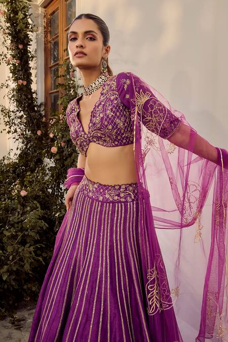 Parul Gandhi Purple Silk Sequins, Zari, Embroidery V-neck Lehenga Set at Aza Fashions Parul Gandhi_Purple Silk Sequins, Zari, Embroidery V-neck Lehenga Set _at_Aza_Fashions