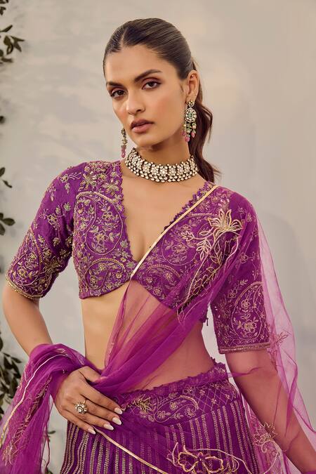 Buy Parul Gandhi Purple Silk Sequins, Zari, Embroidery V-neck Lehenga Set Buy_Parul Gandhi_Purple Silk Sequins, Zari, Embroidery V-neck Lehenga Set
