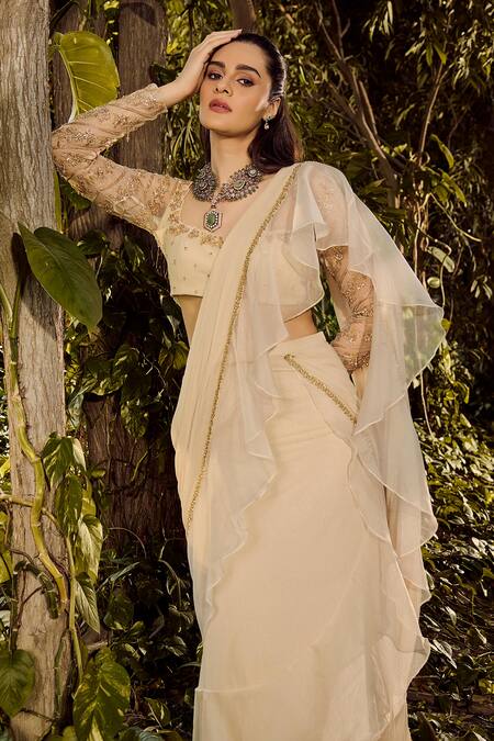 Parul Gandhi_White Georgette, Organza Embroidery, Designer Pre-draped Saree And Blouse Set _Online_at_Aza_Fashions