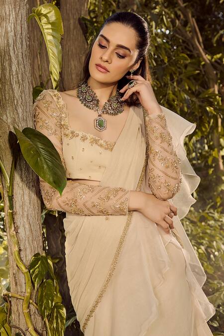 Buy_Parul Gandhi_White Georgette, Organza Embroidery, Designer Pre-draped Saree And Blouse Set _Online_at_Aza_Fashions