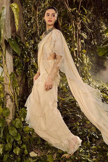 Shop_Parul Gandhi_White Georgette, Organza Embroidery, Designer Pre-draped Saree And Blouse Set _Online_at_Aza_Fashions