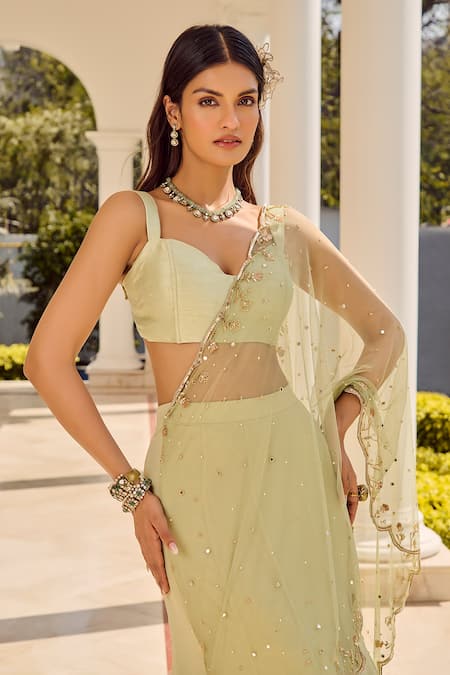 Parul Gandhi_Green Georgette Sequins, Embroidery Round Designer Pre-draped Lehenga Saree Set _Online_at_Aza_Fashions