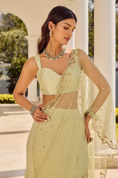 Buy_Parul Gandhi_Green Georgette Sequins, Embroidery Round Designer Pre-draped Lehenga Saree Set _Online_at_Aza_Fashions