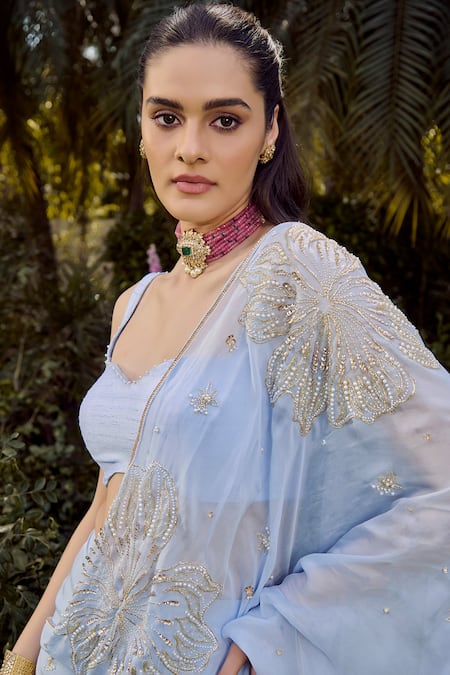 Shop_Parul Gandhi_Blue Chiffon Beads Round Neck Powder Pre-draped Saree Set _Online_at_Aza_Fashions