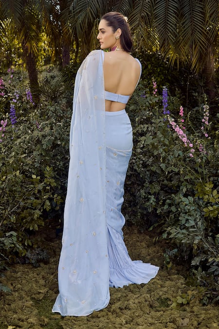 Parul Gandhi Powder Blue Pre-Draped Saree Set 