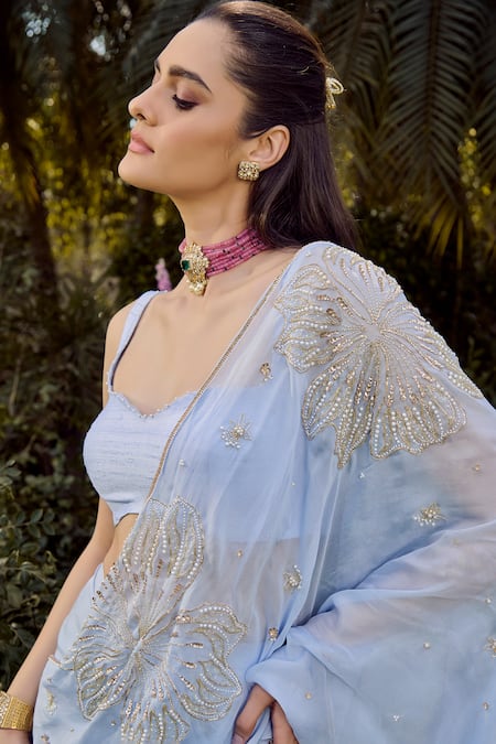 Parul Gandhi_Blue Chiffon Beads Round Neck Powder Pre-draped Saree Set _at_Aza_Fashions