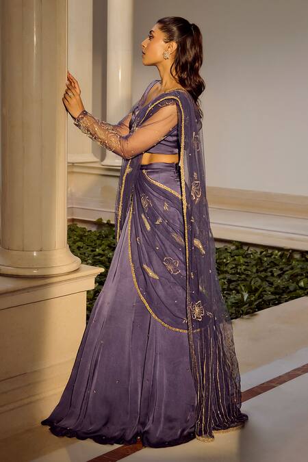 Parul Gandhi_Blue Silk Organza Embroidery Square Neck Designer Pre-draped Saree Set _Online_at_Aza_Fashions