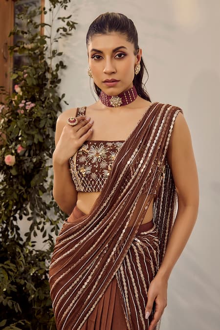 Parul Gandhi_Brown Satin, Georgette Sequins, Beads Designer Mocha Pre-draped Saree Set _Online_at_Aza_Fashions