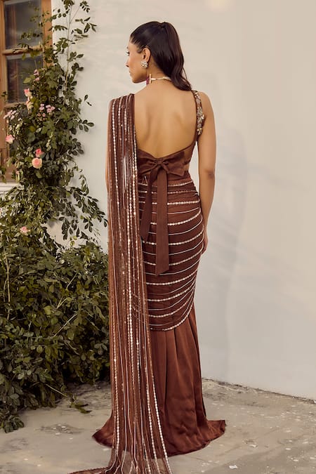 Shop_Parul Gandhi_Brown Satin, Georgette Sequins, Beads Designer Mocha Pre-draped Saree Set _at_Aza_Fashions