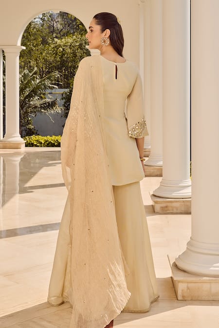Shop_Parul Gandhi_Ivory Tissue Sequins, Beads Round Neck Kurta Set _at_Aza_Fashions