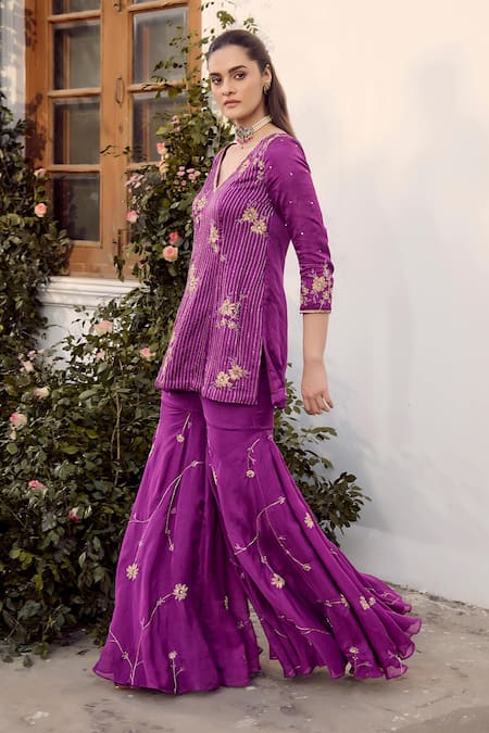 Shop_Parul Gandhi_Purple Linen, Organza, Satin Embroidery Split V-neck Kurta Set _Online_at_Aza_Fashions