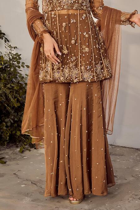 Parul Gandhi_Brown Silk Organza Sequins, Beads, Embroidery Round Neck Mocha Kurta Set _Online_at_Aza_Fashions
