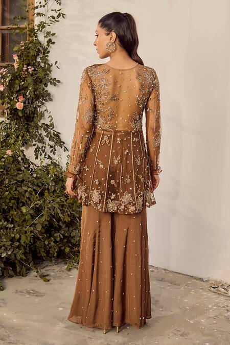 Shop_Parul Gandhi_Brown Silk Organza Sequins, Beads, Embroidery Round Neck Mocha Kurta Set _at_Aza_Fashions