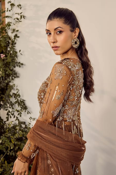 Buy_Parul Gandhi_Brown Silk Organza Sequins, Beads, Embroidery Round Neck Mocha Kurta Set _Online_at_Aza_Fashions