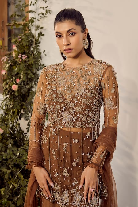 Shop_Parul Gandhi_Brown Silk Organza Sequins, Beads, Embroidery Round Neck Mocha Kurta Set _Online_at_Aza_Fashions