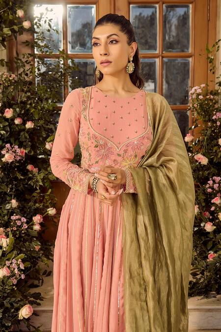 Parul Gandhi_Pink Georgette Sequins, Embroidery Round Neck Shimmer Anarkali Set _Online_at_Aza_Fashions
