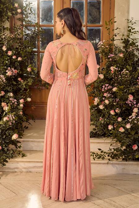 Shop_Parul Gandhi_Pink Georgette Sequins, Embroidery Round Neck Shimmer Anarkali Set _at_Aza_Fashions