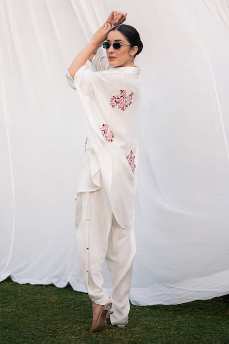 Daljit Sudan_White Satin Embroidery Collared German Pant Set _Online_at_Aza_Fashions