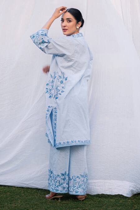 Shop_Daljit Sudan_Blue , Handloom Embroidery Collared Ice Kurta Set _at_Aza_Fashions