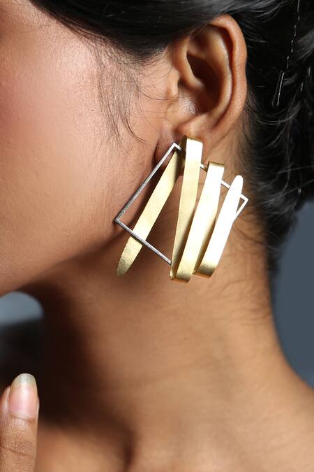 Shop_Zaza By Somya_Black Contemporary Gold Plated Dangle Earrings _at_Aza_Fashions